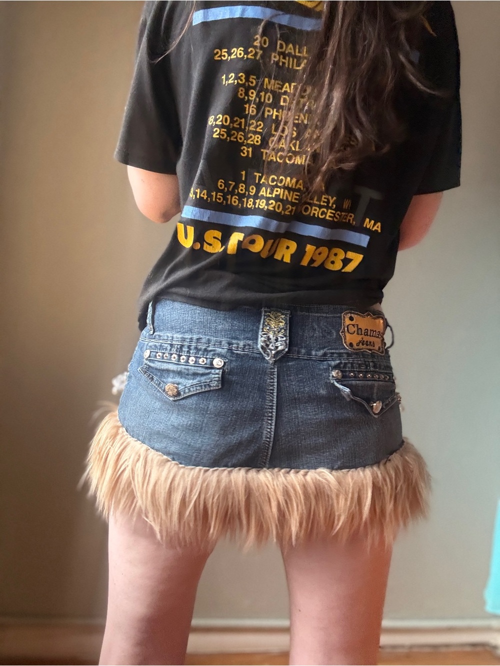 Vintage Y2K Fur Trim Micro Mini Skirt | Embellished Low Rise Denim skirt | M - Picture 2 of 10